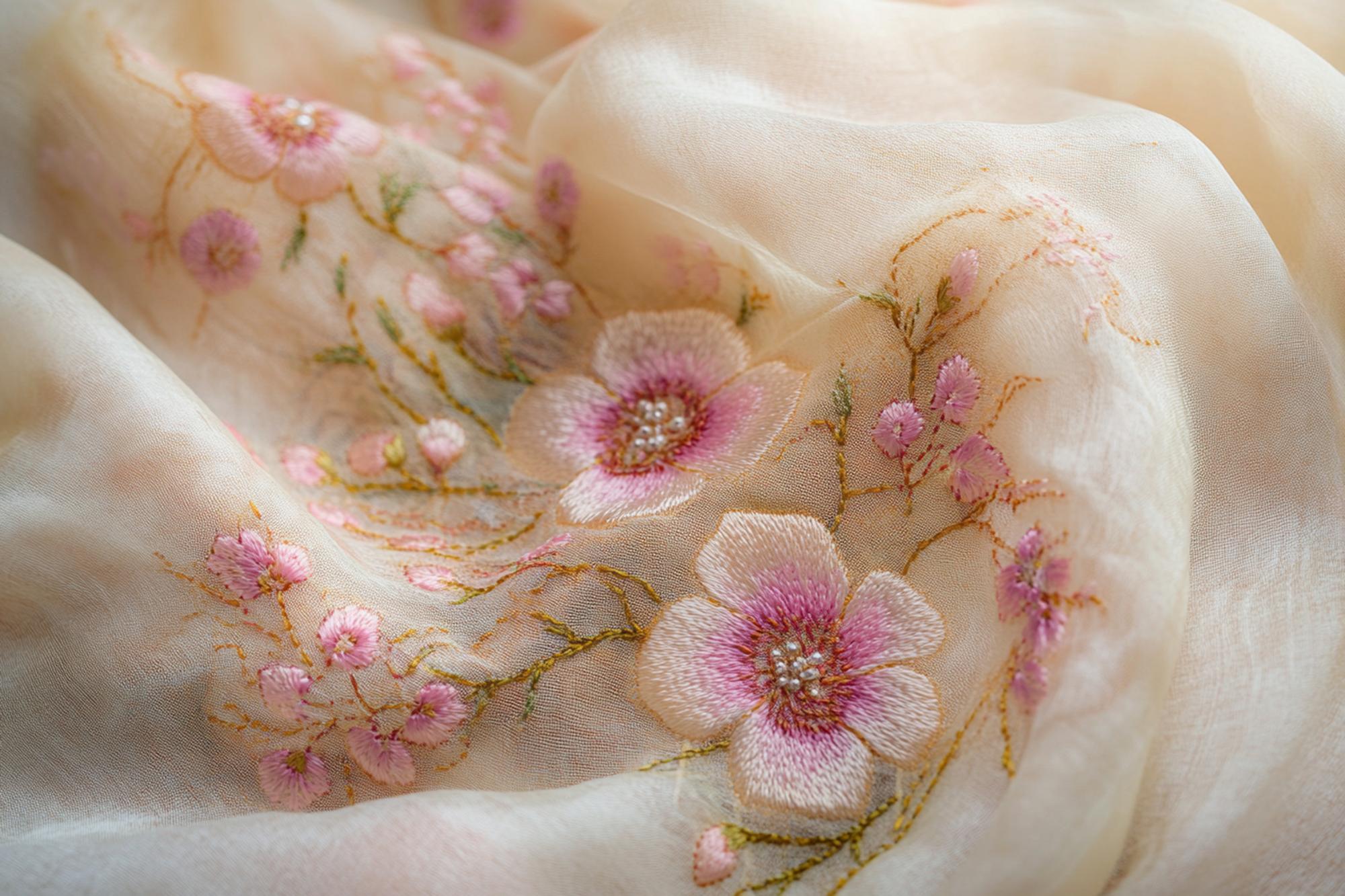 Close-up of pastel embroidered floral patch on linen