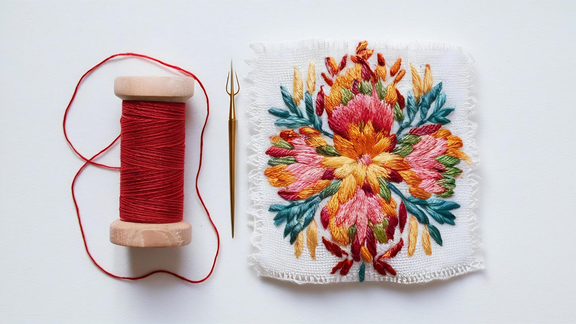 Three embroidered samples on table